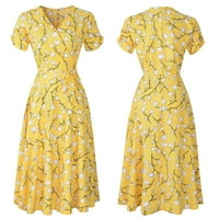 Ženska V-izrez Dužina koljena Modna linija Cvjetna kratka rukava ljetna haljina žuta m