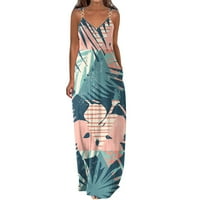 Maxi haljine za žene štampanje V izrez haljina Halter duga haljina s džepovima patentni patentni bageri