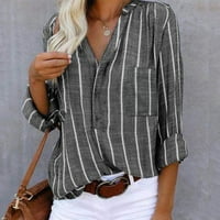 Ženski vrhovi Henley Striped bluza Ležerne prilike za žene Ljetne majice s dugim rukavima Grey XL