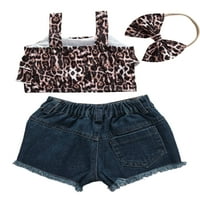 Djevojčica Ljeto odijelo, pamuk Leopard Crop Halter Top + Patchwork traper kratke hlače + kaiši za glavu