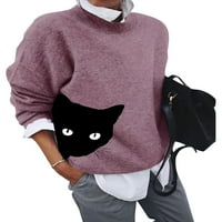 Grianlook Ženski džemper Zimski topli pulover Cat tisak Jumper vrhovi Dame pleteni pleteni džemperi