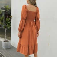 Party haljine za žene jesenska haljina kvadratna vrata pune boje dugih rukava šifon haljina narandžasta