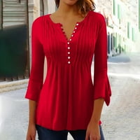 Ženske vrhove rukave pune bluze casual Dame Fashion Henley Ljetni tunički vrhovi crveni 3xl