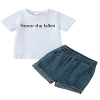 Toddler Boys Ljetni outfit setovi s kratkim rukavima Pismo tiskane vrhove + casual traper kratke hlače za dan nezavisnosti 0-3t