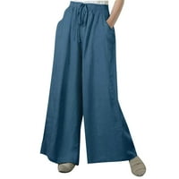 Ženske casual pantalone ravne fit elastične hlače s visokim strukom labave vučne hlače sa džepama sa