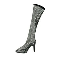 Ženske čvrste boje mrežice okrugle čizme rhinestone cipele tanke visoke potpetice Duge čizme, crna