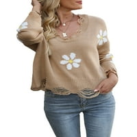 Ženska labava džemper s dugim rukavima V-izrez Knit Floral uzorak