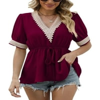 Welliumiy Women Ljetni vrhovi V izrez Tunika bluza kratki rukav majica Comfy radna majica Vino crvene
