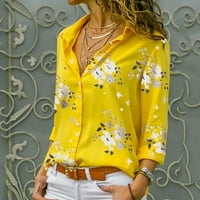 Drpglely majice za žene plus veličine labavog ispisa V-izrez gumb za bluzu za bluzu pulover majica žuta