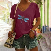 USMIXI Womens Ljetni vrhovi kratki rukav V-izrez Dragonfly Print T majice Moda Plus Veličina Prozračne