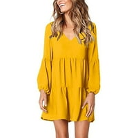 Haljine za žene plus veličine žene modna čvrsta boja V-izrez dugih rukava casual ljuljačka haljina žuta