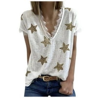 Žene Ljeto V-izrez Star Print kratki rukav čipkasti patchwork T-majice Bluza bijela l