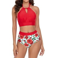 USMIXI seksi kupaćih komisija za žene visoki struk Tummy Control izdubljene kupaće odijelo za plažu odjeća na rukavima bez rukava cvjetni print kupaći kostimi crveni l