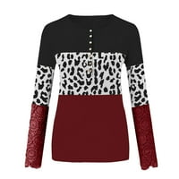 Ženski vrhovi modni patchwork tisak čipka dugih rukava casual gumb pulover dukserica vrhunsko vino l
