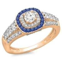 1. Carat 10k Rose Gold Round Cut Blue Sapphire & White Diamond Dame Vintage Style Bridal Halo Angažov
