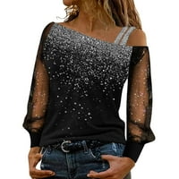 Žene Sequin tisak mreža s dugim rukavima za hladno rame za bluze za bluzu za bluzu Novel Bluza Labavi