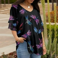 Košulje za žene V-izrez cvjetni ispis ljetna kontrast boja kratki rukav tanka labava bluza, ljubičasta,