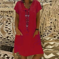 Ženska kratka rukava A-line mini modne ljetne čvrste ploče s V-izrezom WINE 5XL
