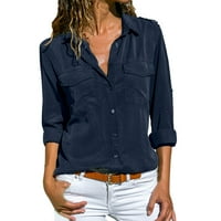 Ženske modne majice za žene ovratniku Čvrsto casual dugački prednji rukav na vrhu ženske džepove majica