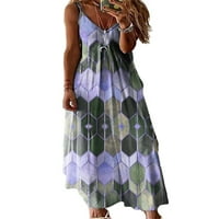 HAITE Women V izrez Spaghetti remen Maxi haljina Comfy A-line Strappy haljine ulični klizanje Geometrijski