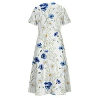 Žene A-LINE Srednjeg letnjeg ležerne haljine V-izrez kratkih rukava od tiskanih ženskih haljina plava