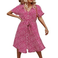 Liacowi žensko ljeto dugme midi haljina kratki rukav cvjetni print boho haljina za plažu