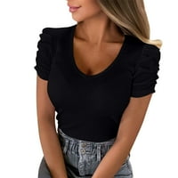 TUNIC-ovi vrhovi za žene Ljeto Trendy Solid Colfy majica V izrez Casual T majice Puff rukave bluza dugih