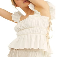 Eyicmarn ženske leteće rupne rupe na vrhu patchwork ruched kvadratnih vrata majice Ljetna povratna majica