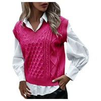 Hanzidakd ženski pleteni džemperi prsluk pulover jesen i zimski bez rukava V izrez poliester modni džemperi ružičasti m