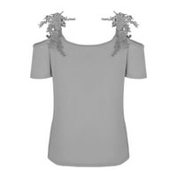 Žene plus veličina modna ženska ljetna V-izrez kratki rukav od pune čipke casual majica bluza siva