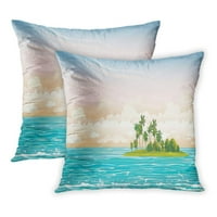 Ocean Green Island Coconut Palms u plavom moru na oblačnoj nebu Seascape val crtani pogled na pejzažni