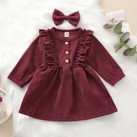 TODDLER Baby Kids Girls Solid Ruckel Botton haljina princeza haljina + traka za kosu za 2 godine