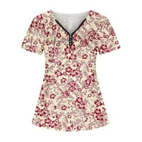 Dnevni nošenje za žene kratki rukav V izrez Ljetni cvjetni bluze Ruffle zip labavi fit trendi majica