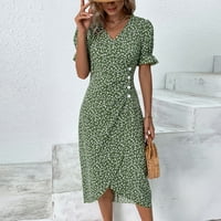 Ljetne haljine za žene Dužina koljena kratki rukav modni rukav A-line ispisane V-izrez Haljina zelena
