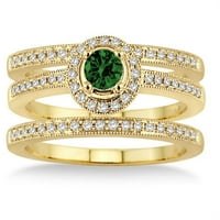 Carat Round Cut Green Emerald i Diamond Moissinite Trio Set Halo Prsten na 10K žutom zlatu, Obećaj prsten,