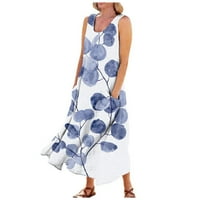 Gaiseeis Fashion Summer Casual Ugodni cvijet od pamuka bez rukava s džepom Plaža haljina za žene Blue