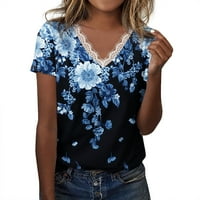 Ženski ljetni bluze V-izrez cvjetni bluza s kratkim rukavima plavi 3xl