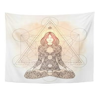 Sveta geometrijska žena ukrašena silueta koja sjedi u Lotusu Pose Meditacija aura zidna umjetnost Viseća