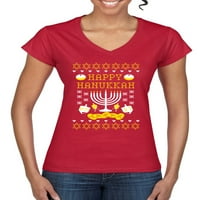 Sretan hanukkah ružni božićni džemper žena ženski V-izrez, crveni, mali