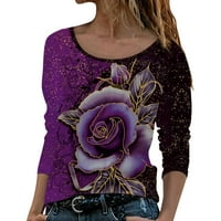 Ženska modna dugih rukava okrugli vrat Rose cvijet za majicu Torp košulja za žene Moda ljubičasta xxl
