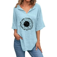 Ženski vrhovi tiskanje suncokretove V majice kratkih rukava pamučna posteljina za bluzu ljeto labavo