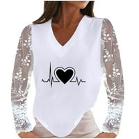 Dadaria Fall majice s dugim rukavima za žene Ležerne prilike Ležerne prilike zaljubljenih Elektrokardiogram tiskani V-izrez čipkasti sjaj dugih rukava majica majica na vrhu bijelih žena
