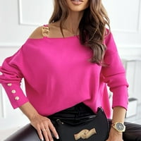 Žensko hladno ramena dugačka dugmeta dugača tunike, ležerne košulje od pune boje košulje vruće ružičaste l